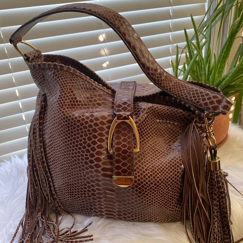 Gilli Brown Snakeskin-Embossed Leather Hobo with Tassel
